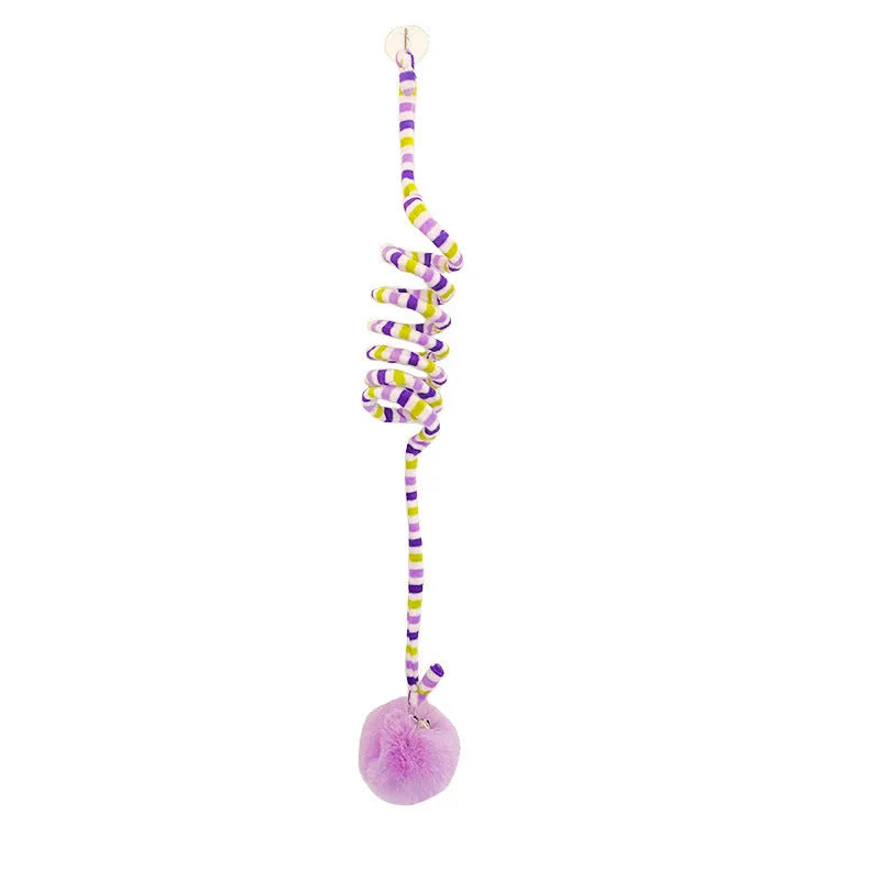 Spring cat toy with bell stick, inflatable ball, and suction cup mount in multiple colour options