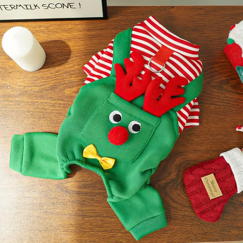 Christmas elk print polyester pet clothing, vest and four feet styles, sizes XS to 2XL