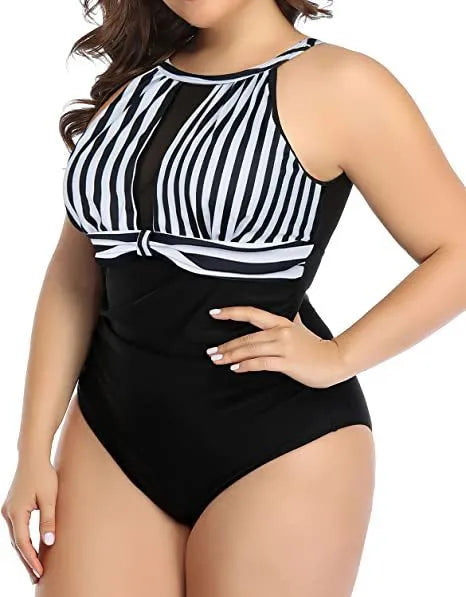 Women's black lace one-piece swimsuit with European and American sizing on mannequin