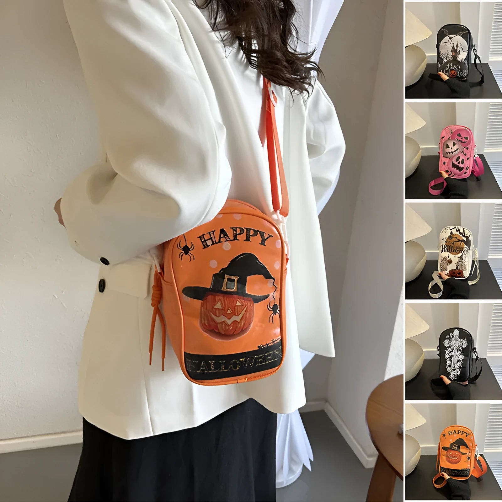 Black mini square crossbody bag with orange Halloween graffiti print of cartoon pumpkin, ghost, and bat.