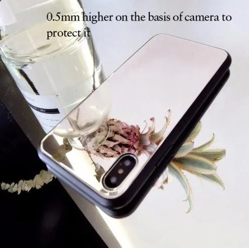 Black iPhone back cover case with a built-in square mirror on the back.