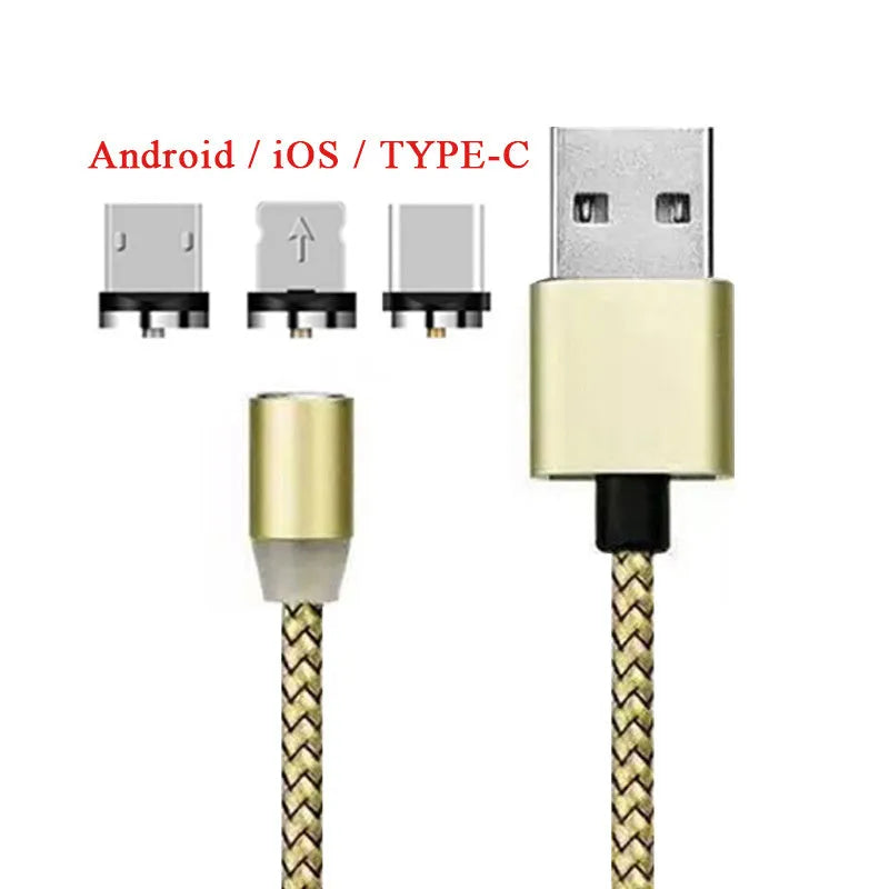 Black magnetic LED charging cable with aluminium shell and woven texture, showing LED light and connector.