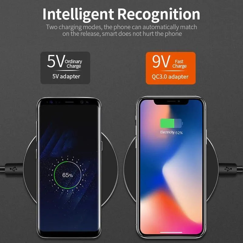 Ultra-thin black wireless charging base with 9V fast charging capability for QI devices