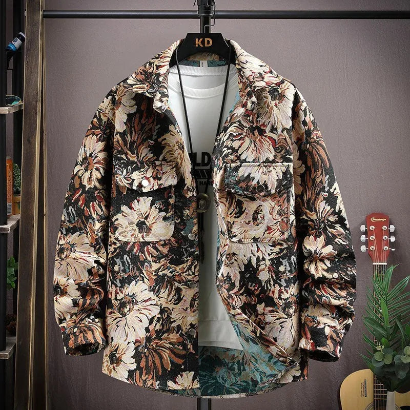 Men's casual lapel shirt coat in polyester, shown in a colour option like black or blue, with long sleeves and a straight hem.