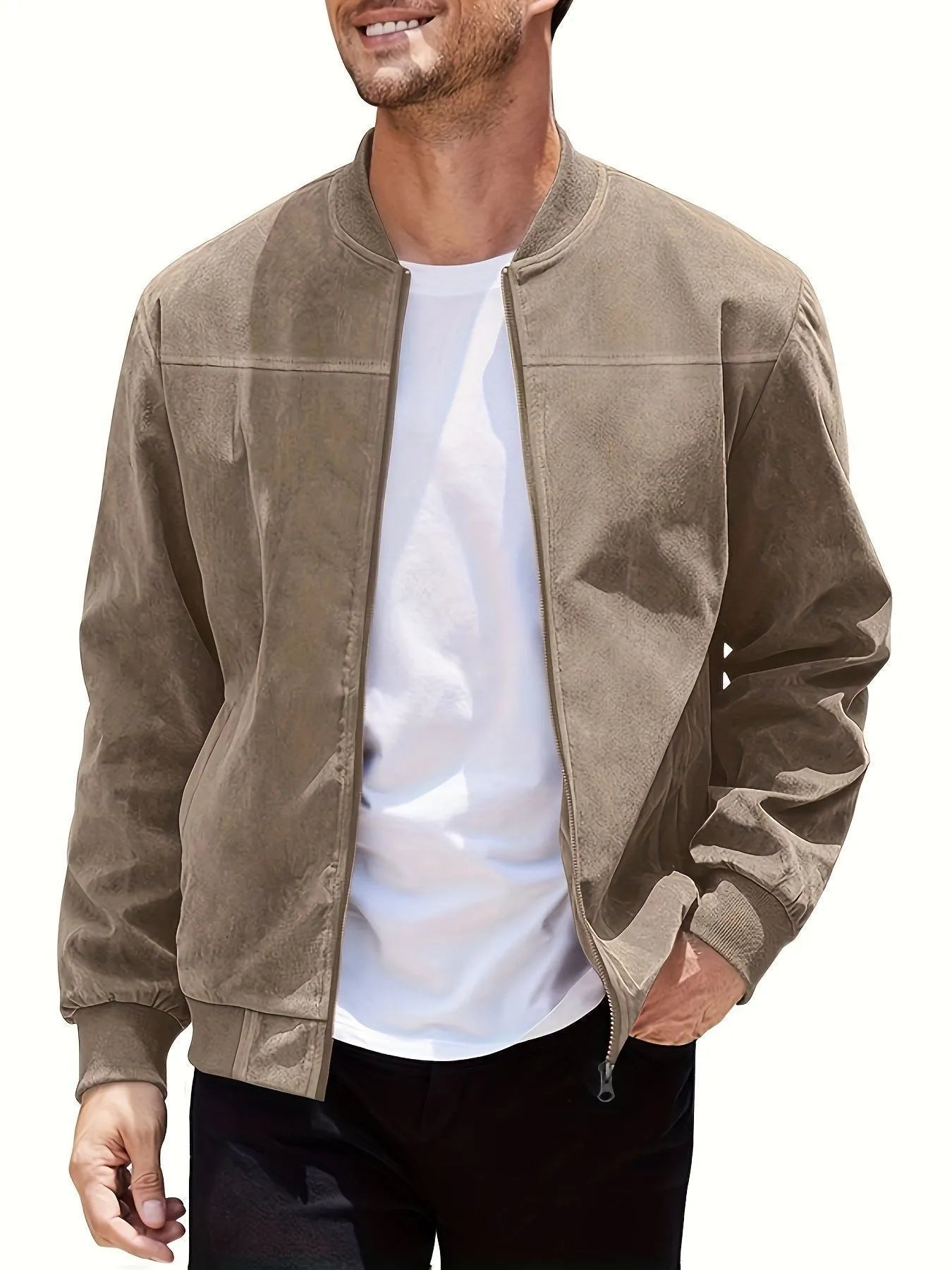Men's plus size suede casual jacket with zipper closure in Army Green colour showing regular sleeve design