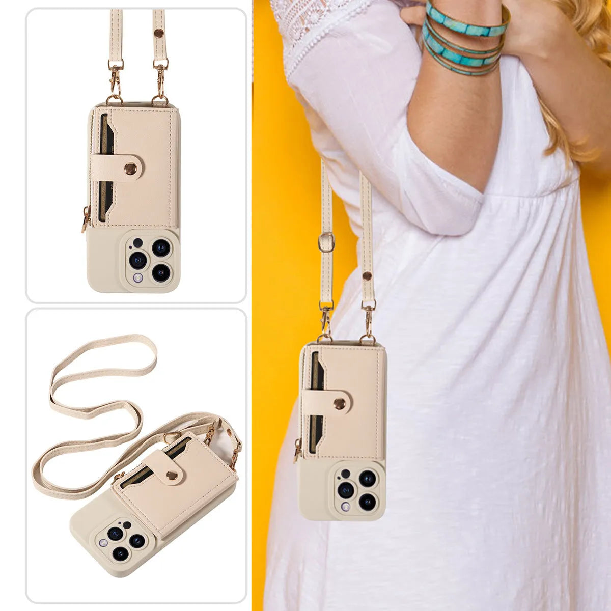 Classic faux leather phone case with fall protection strap for Apple iPhone, available in black and ivory white