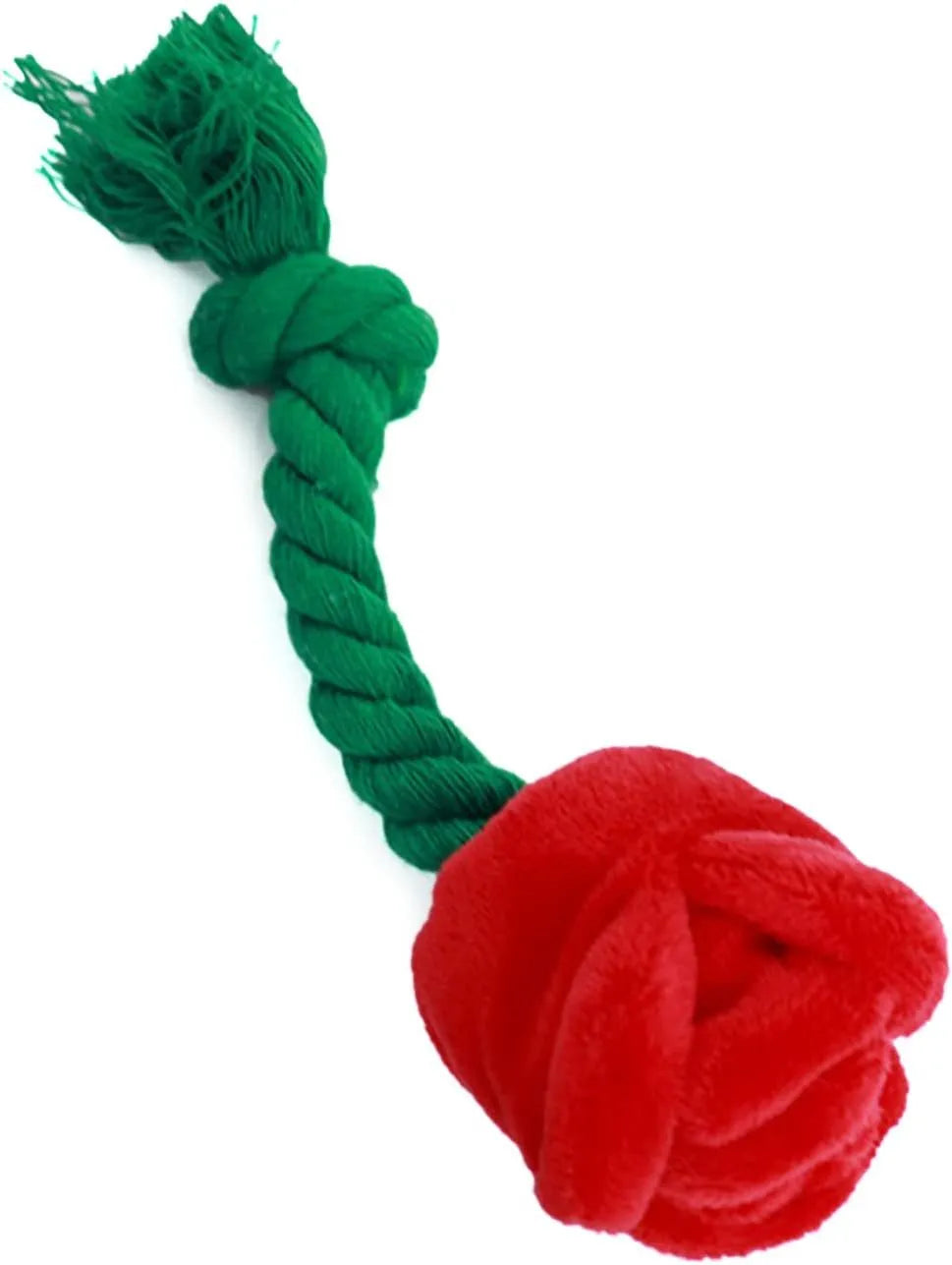 Plush pink rose flower dog chew toy with green leaf and a squeaker inside.