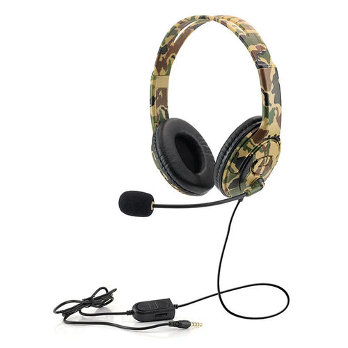 Camouflage gaming headset with 50mm bass driver, 3.5mm plug, and microphone for PS4 and PC