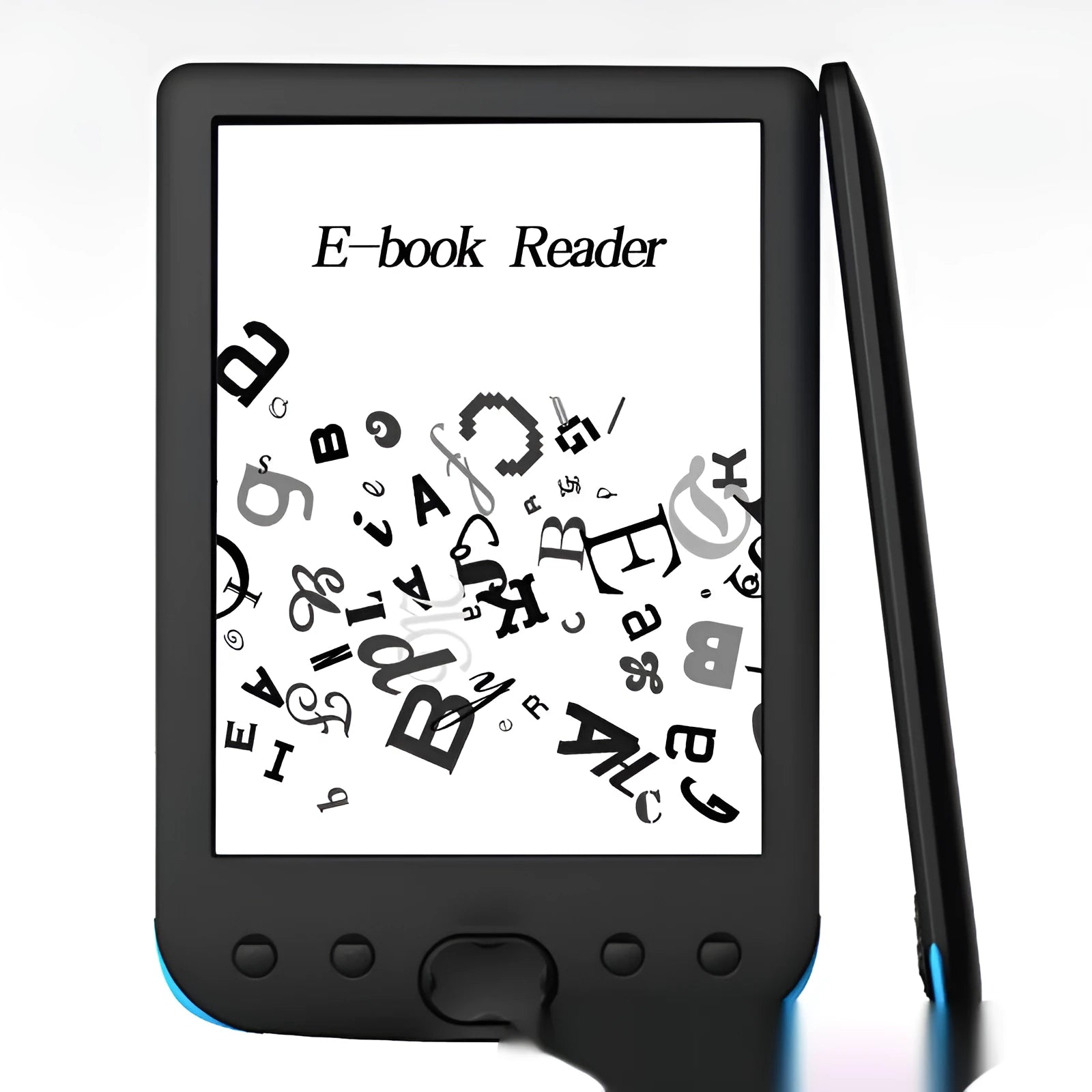Black 6-inch e-book reader with E-ink screen showing book text display