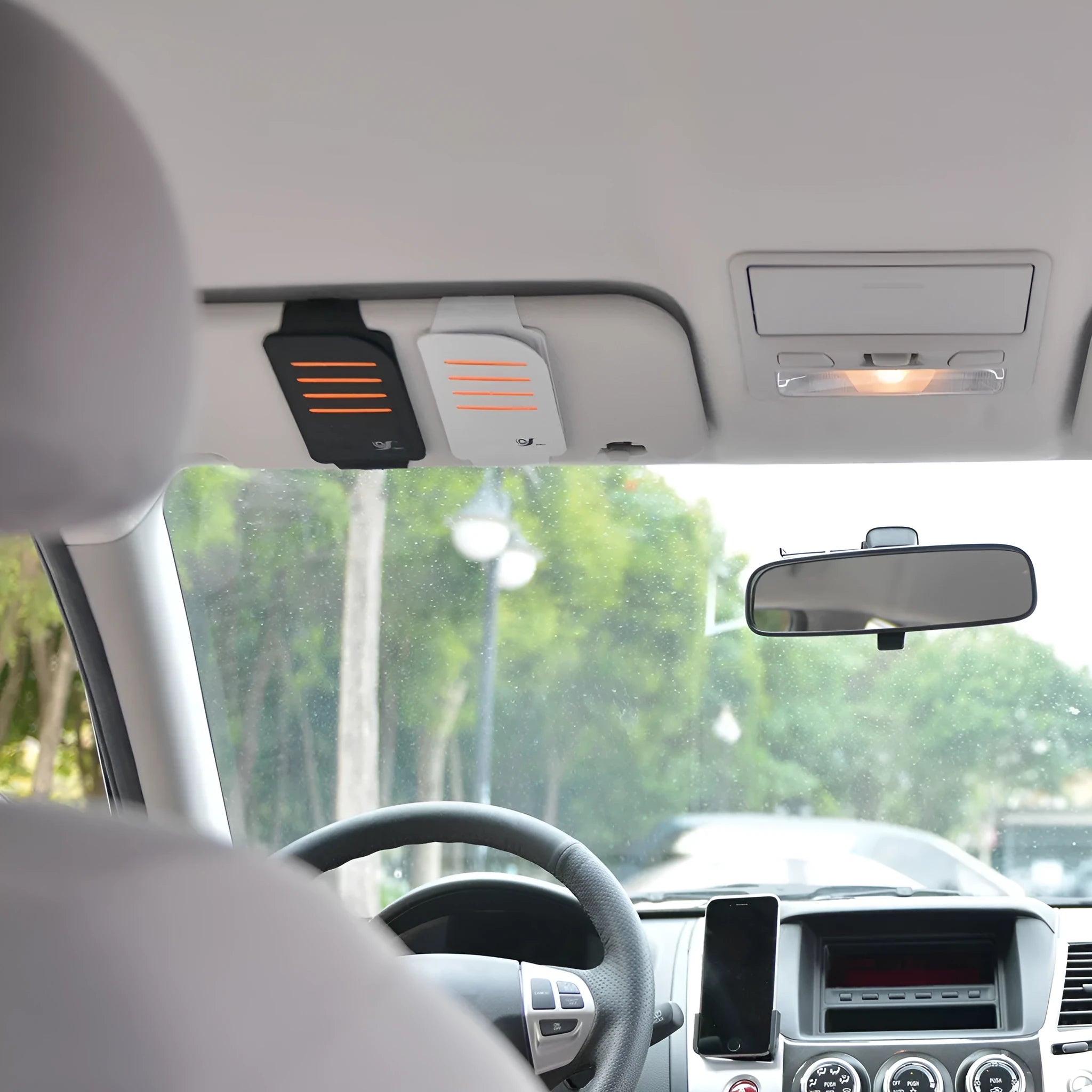 4-piece grey car card sun visor set and a vehicle-mounted storage bag laid out.