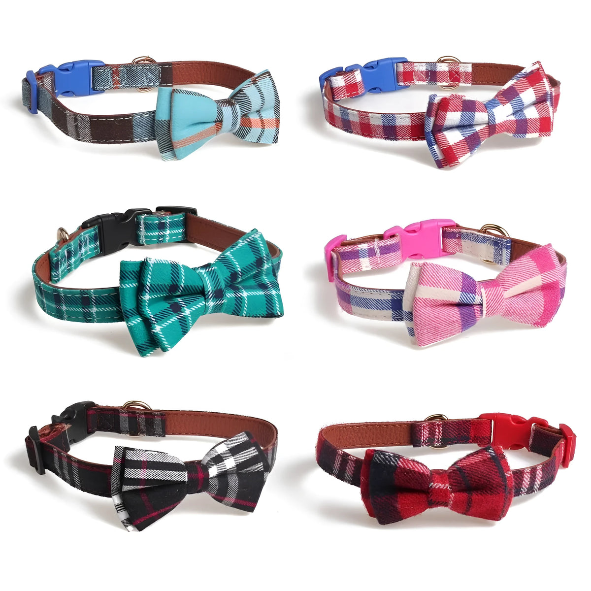 Adjustable bowknot traction dog collar in cotton and PU leather with lattice pattern, sizes S to L