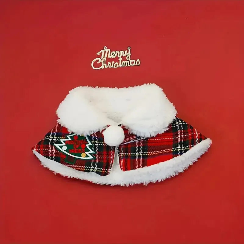 Red polyester dog scarf with bell pattern, sized M for pets approx. 5kg, worn for Christmas.