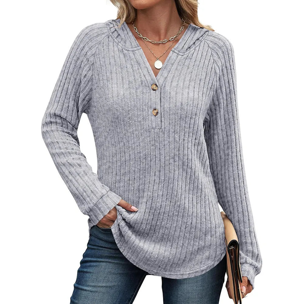 Solid colour v-neck button loose hooded fleece knitted top in polyester, available in multiple colours