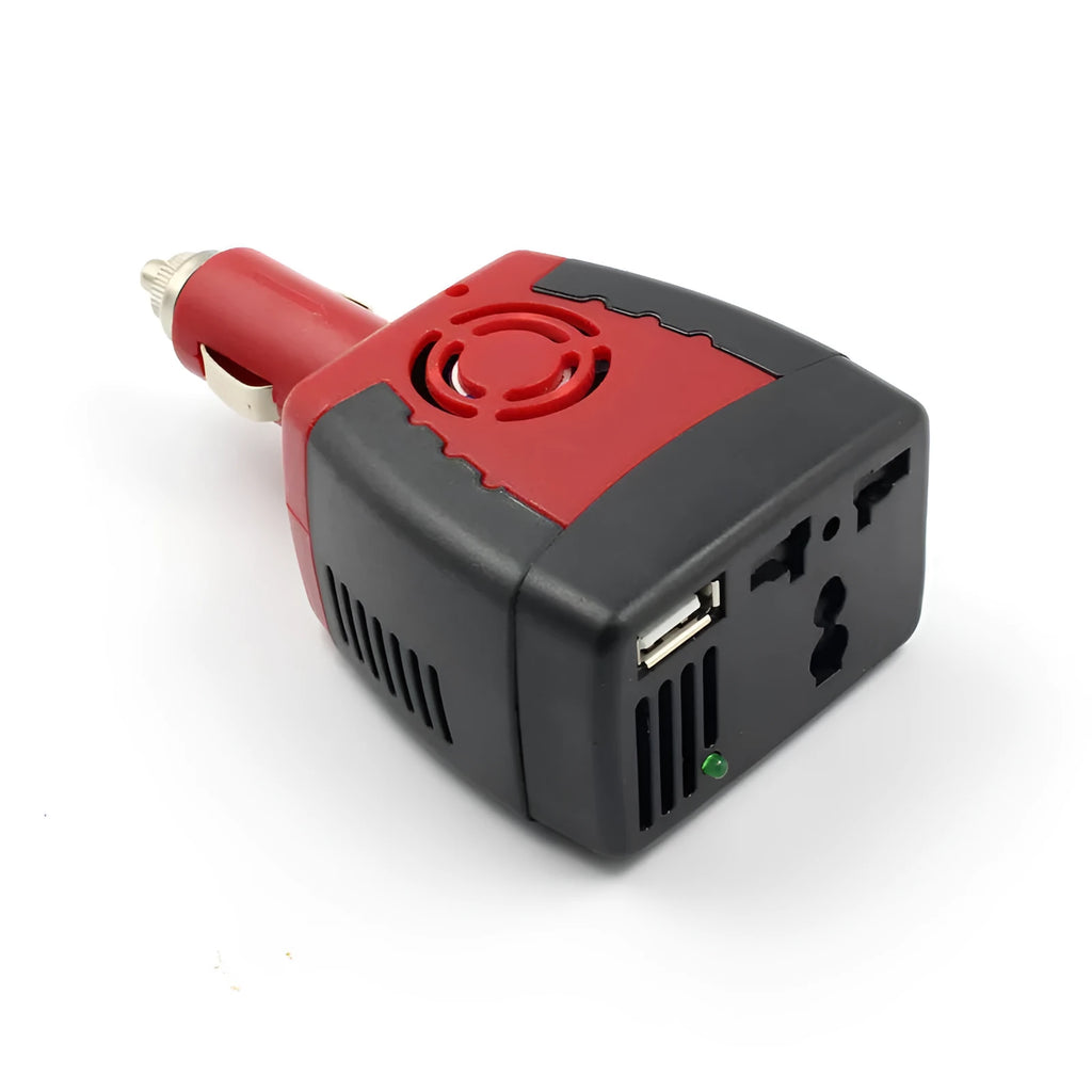 Black and red 150W car power inverter measuring 115x65x41mm converts 12V DC to 110V AC with USB output