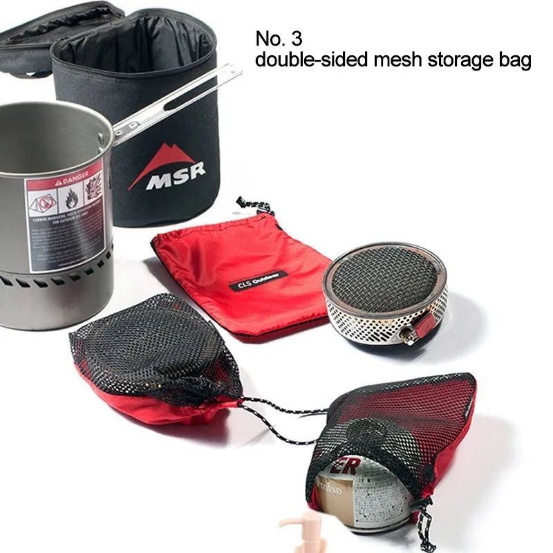 Set of five red Oxford cloth travel storage bags with zippers and mesh panels