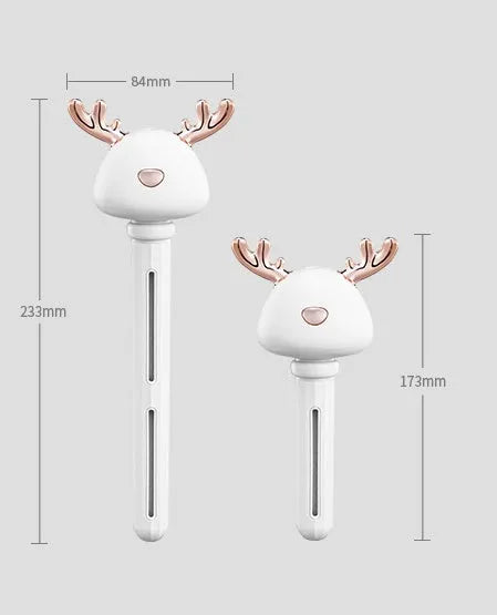 Donut mini humidifier USB car sprayer 54mm x 220mm in ABS and silicone, shown in Beige Elk, Pink Elk, or White