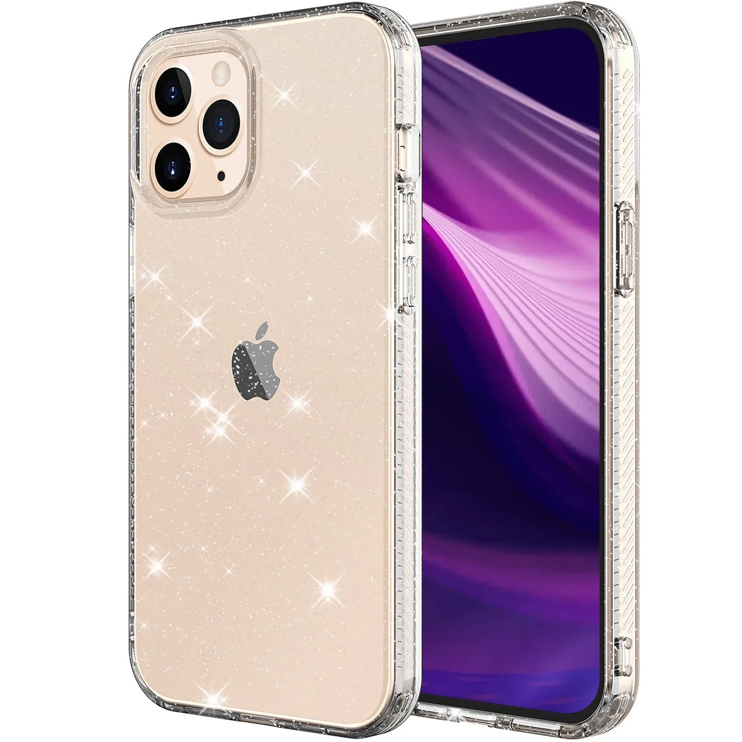 Glitter transparent TPU phone case for Apple iPhone 12 Pro Max in pink, black, purple and clear colours.