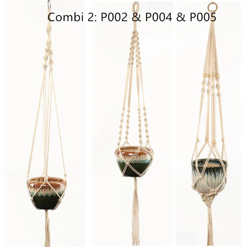 A rustic-style woven cotton rope plant trellis panel supporting green leaves.