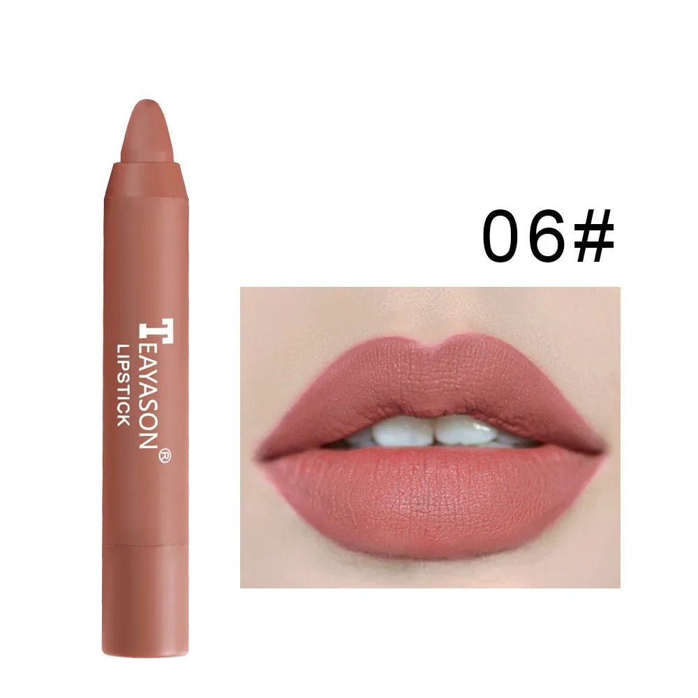 Matte rotating lipstick pen with 12 colour shades in compact 1.8 x 1.8 x 11 cm packaging