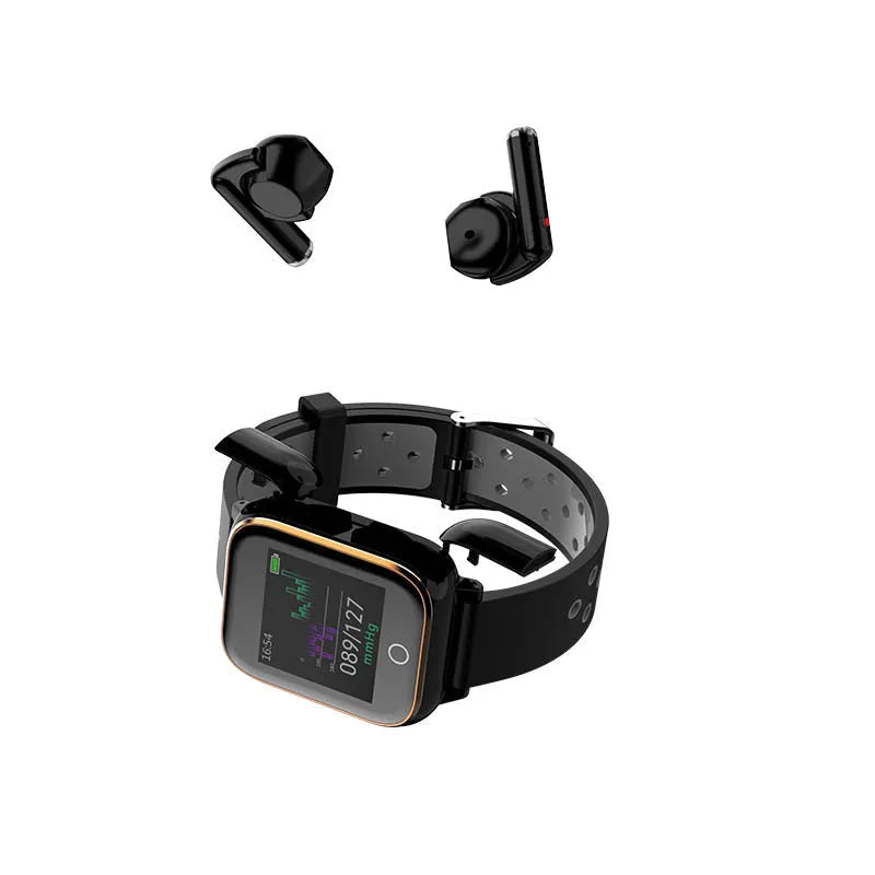 Black smart watch bracelet with integrated Bluetooth earbuds stored in watch case showing 1.4 inch touchscreen