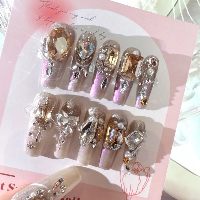 S number flash style artificial nails with luxury rhinestone designs and glossy phototherapy sealing