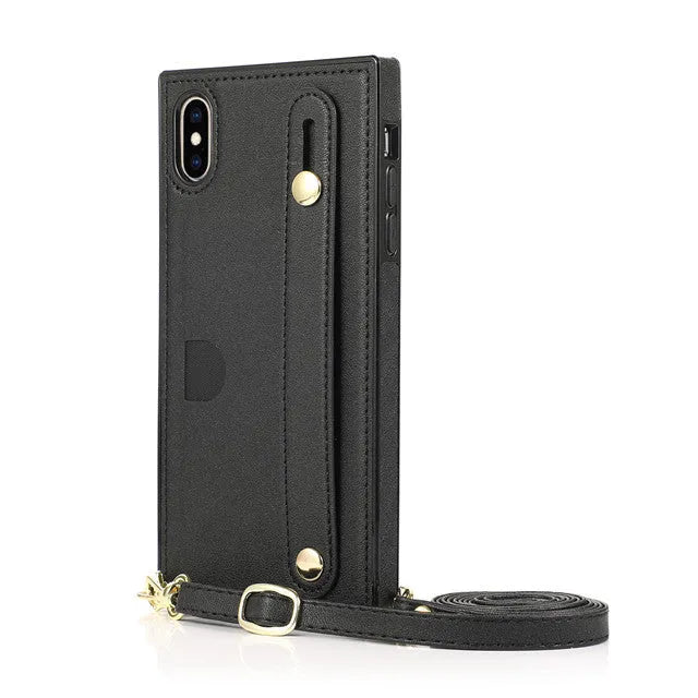 Leather iPhone holster case with card holder slot and attached wrist strap in multiple colours.