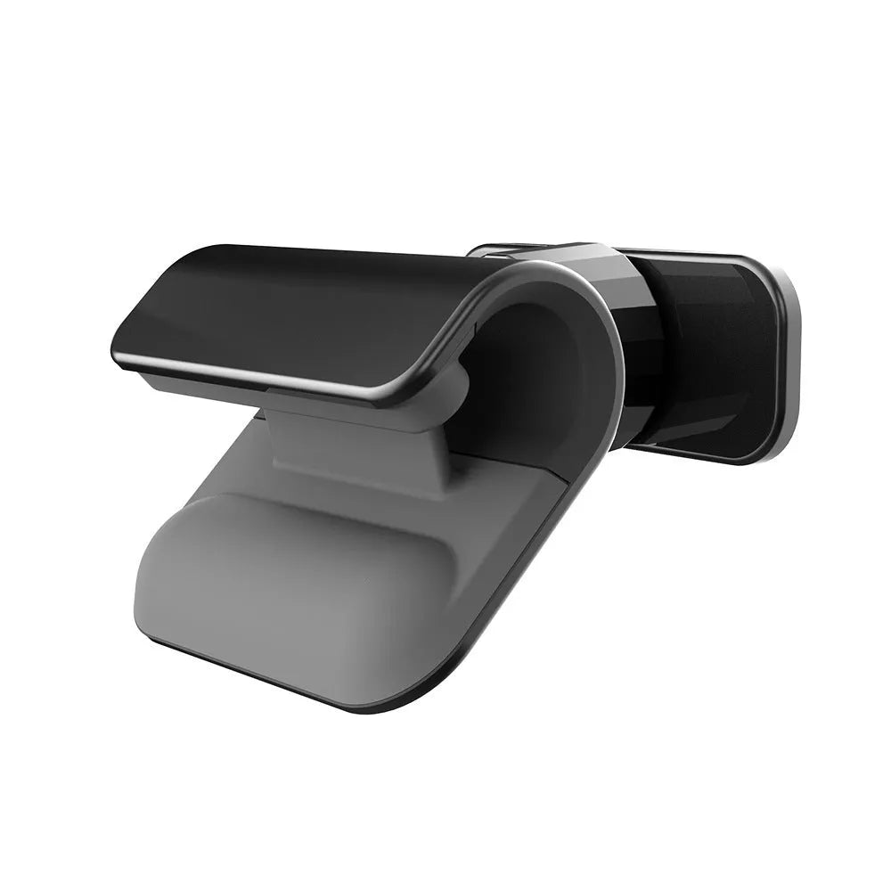 Black universal car phone holder with 360-degree rotation on car dashboard