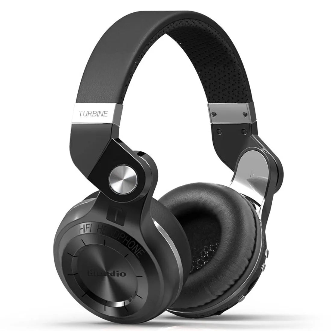 Black wireless Bluetooth headset with adjustable headband and over-ear cups on a grey background.