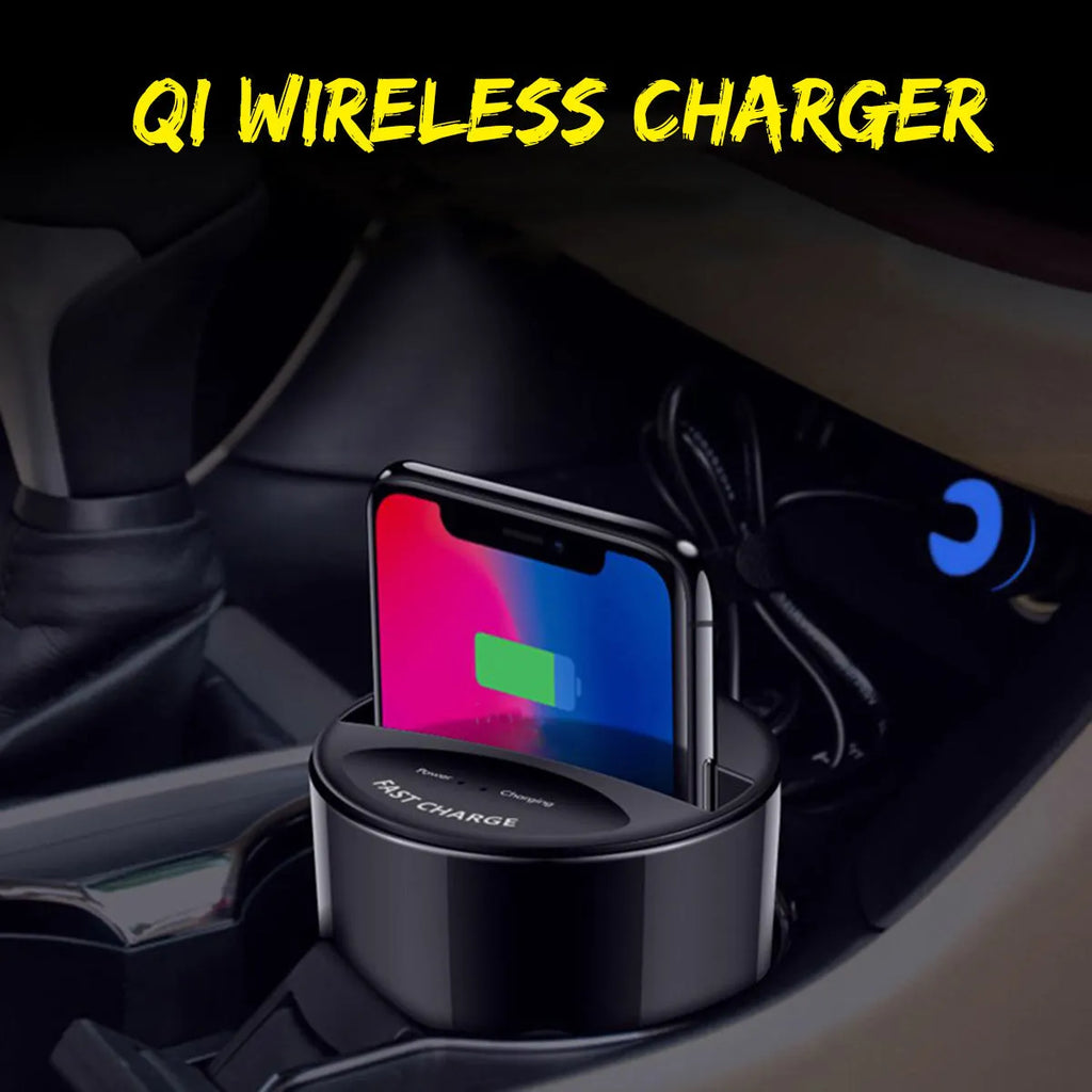 Black car wireless charging cup with detachable base stand for QI smartphones.