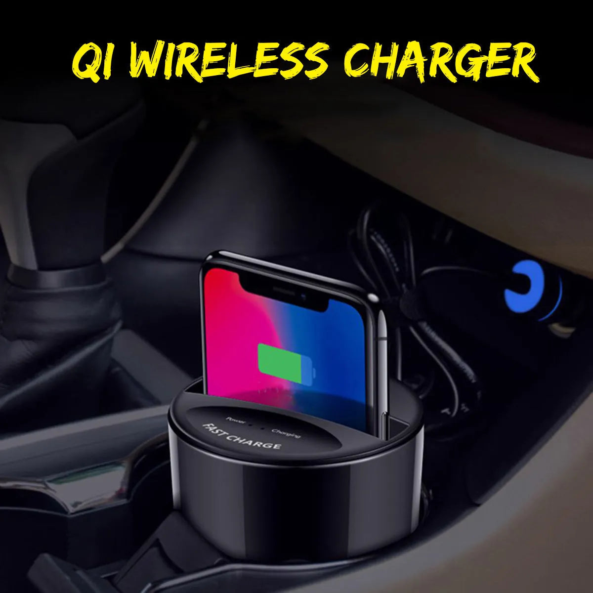 Black car wireless charging cup with detachable base stand for QI smartphones.