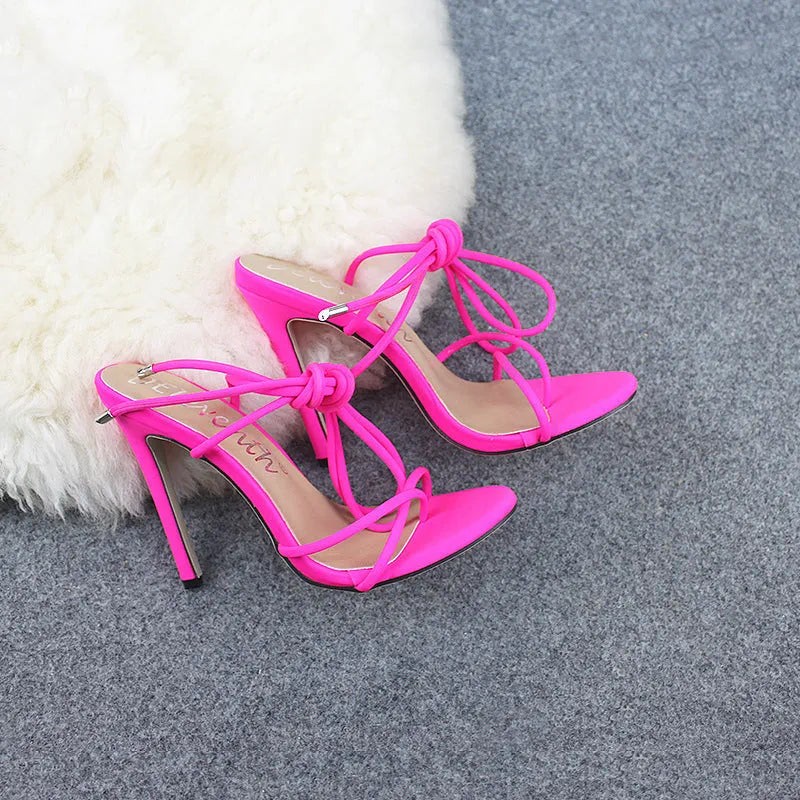 Candy Bright Toe Strap High Heels in rose red with microfiber upper and rubber sole, side view