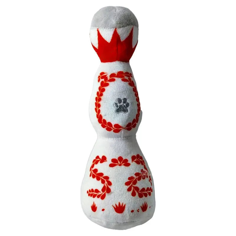Red and white tequila bottle plush dog toy with squeaker, 26cm tall