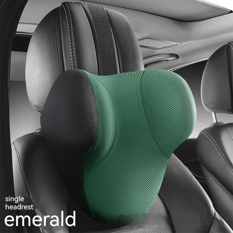 Memory foam and latex car lumbar support pillow and matching headrest with knitted fabric cover.