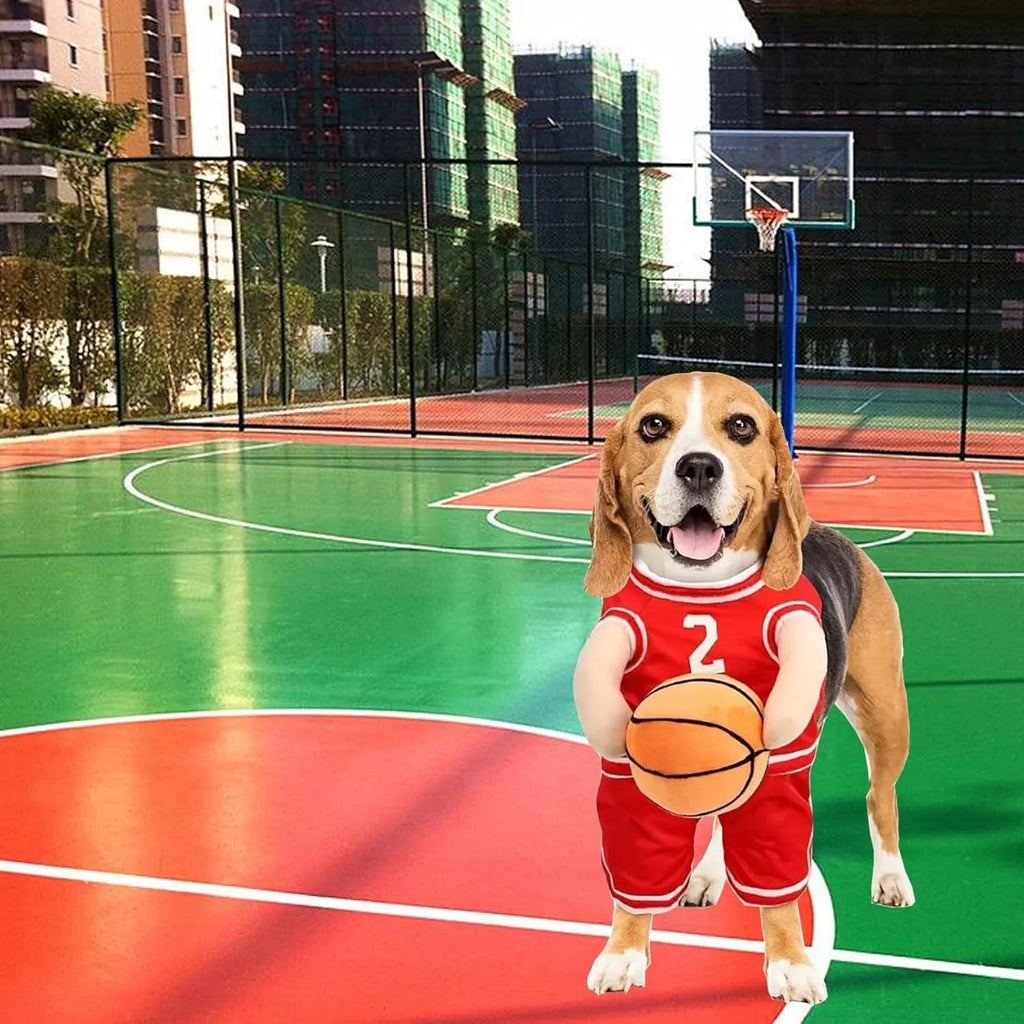 Dog basketball player costume in red or yellow with padded arms and toy basketball, S M L sizes