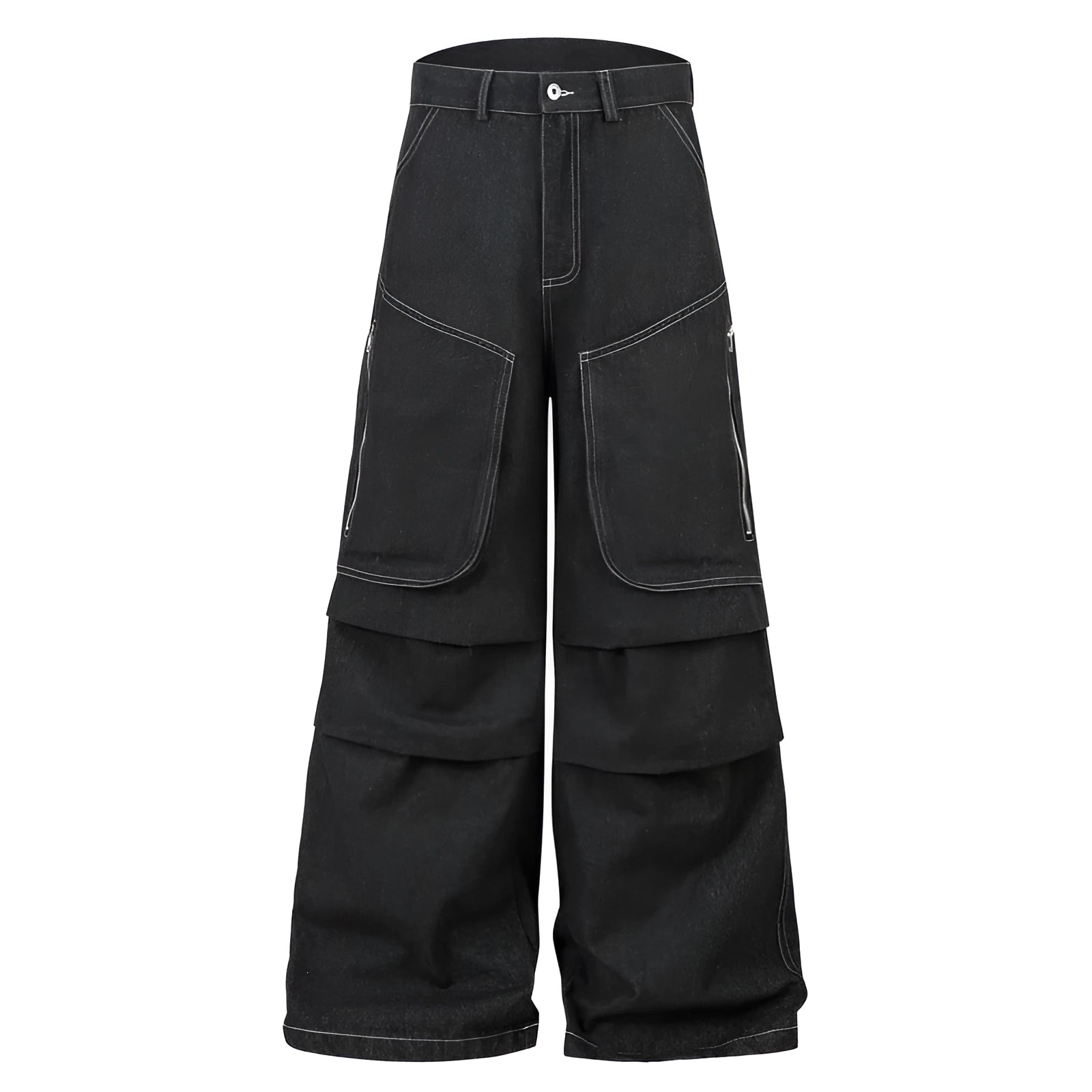 Black pleated workwear jeans with multiple pockets showing mid-waist fit and zip placket opening