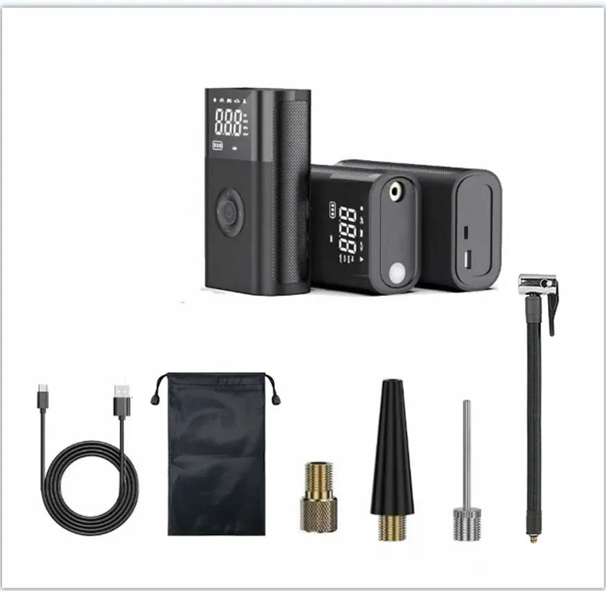 Wireless digital display car tyre pump with accessories including bicycle nozzle and ball needle