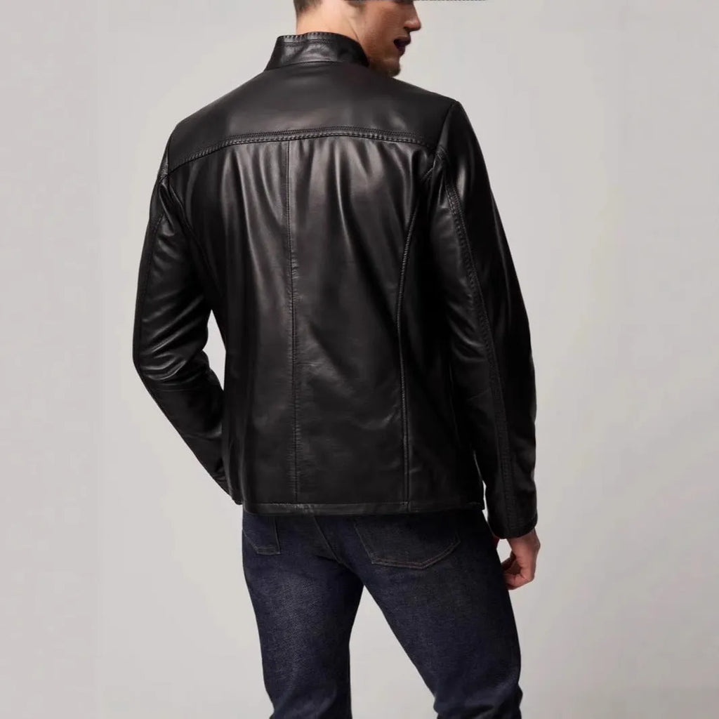 Black men's retro leather jacket with long sleeves and straight hem on a hanger