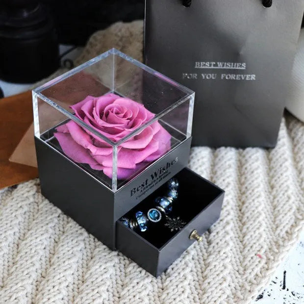 Eternal flower gift box with artificial roses, measuring 8.5cm wide and 10.5cm high