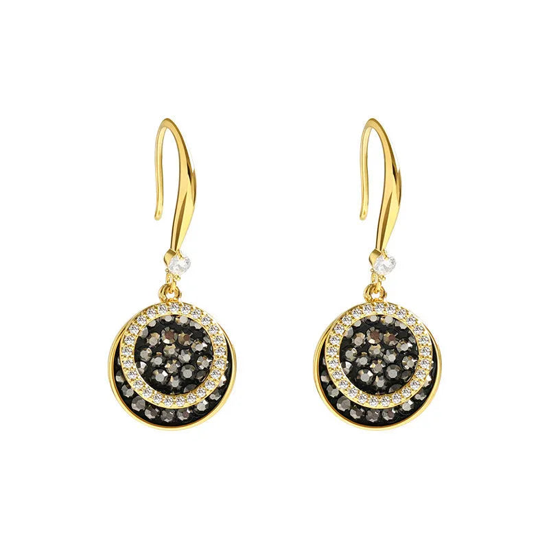 Black geometric round alloy drop earrings with 3.6cm length on a white background.