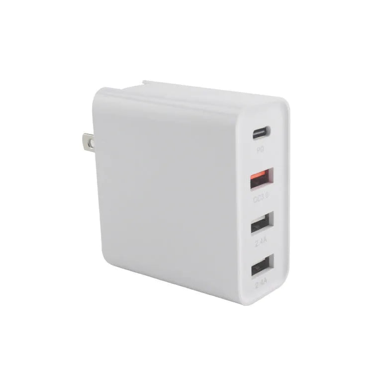 Black 48W four-port USB-C wall charger with UK plug on a white background.