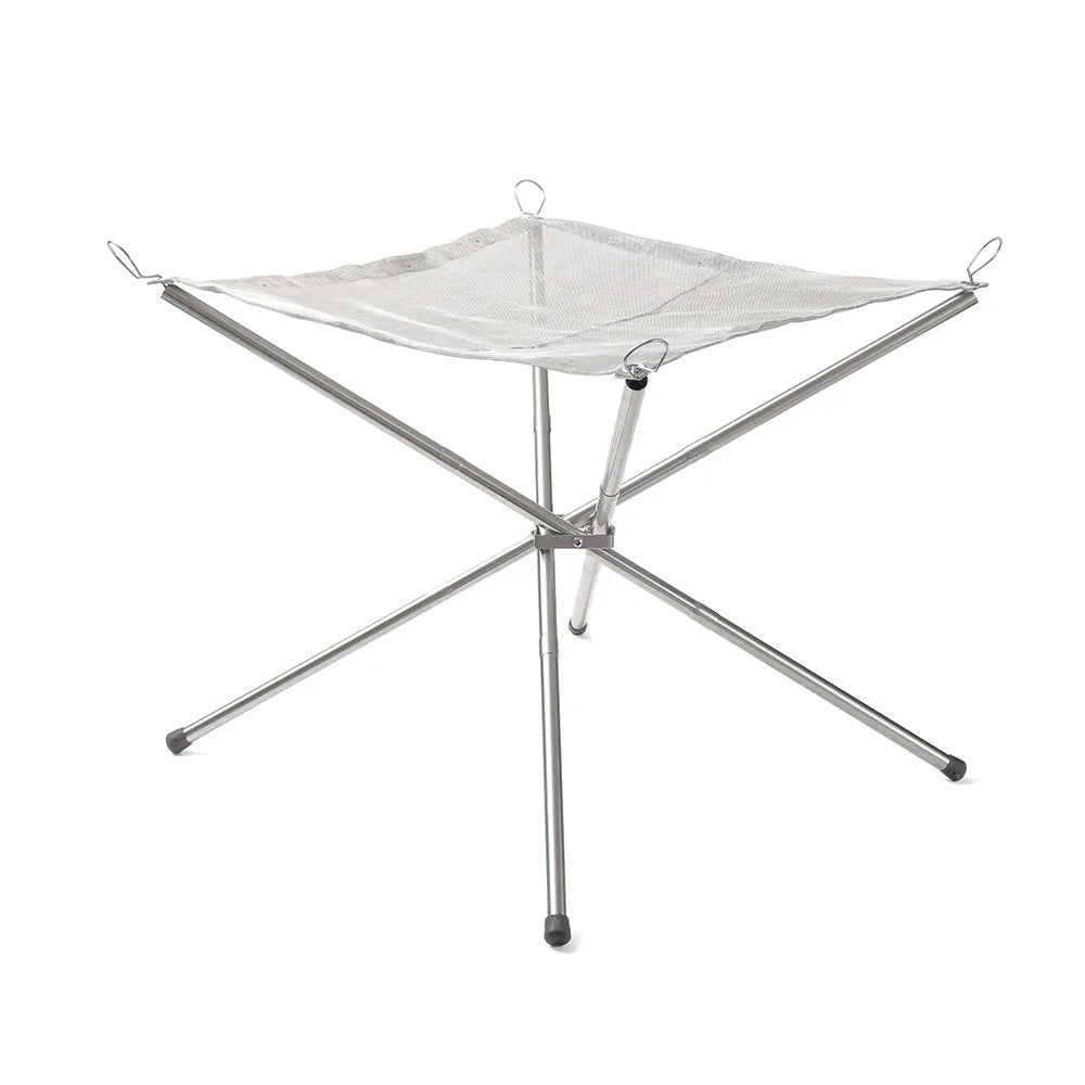 Silver stainless steel barbecue grill set with cooking net, shown in medium and large size options.