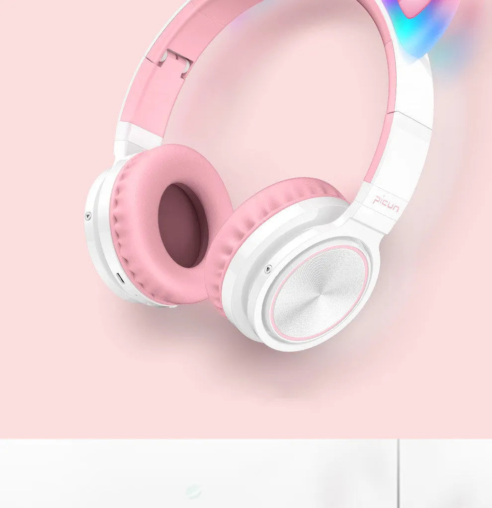 Luminous Bluetooth wireless headphones in pink white colour with high imitation protein earmuffs and braided cable
