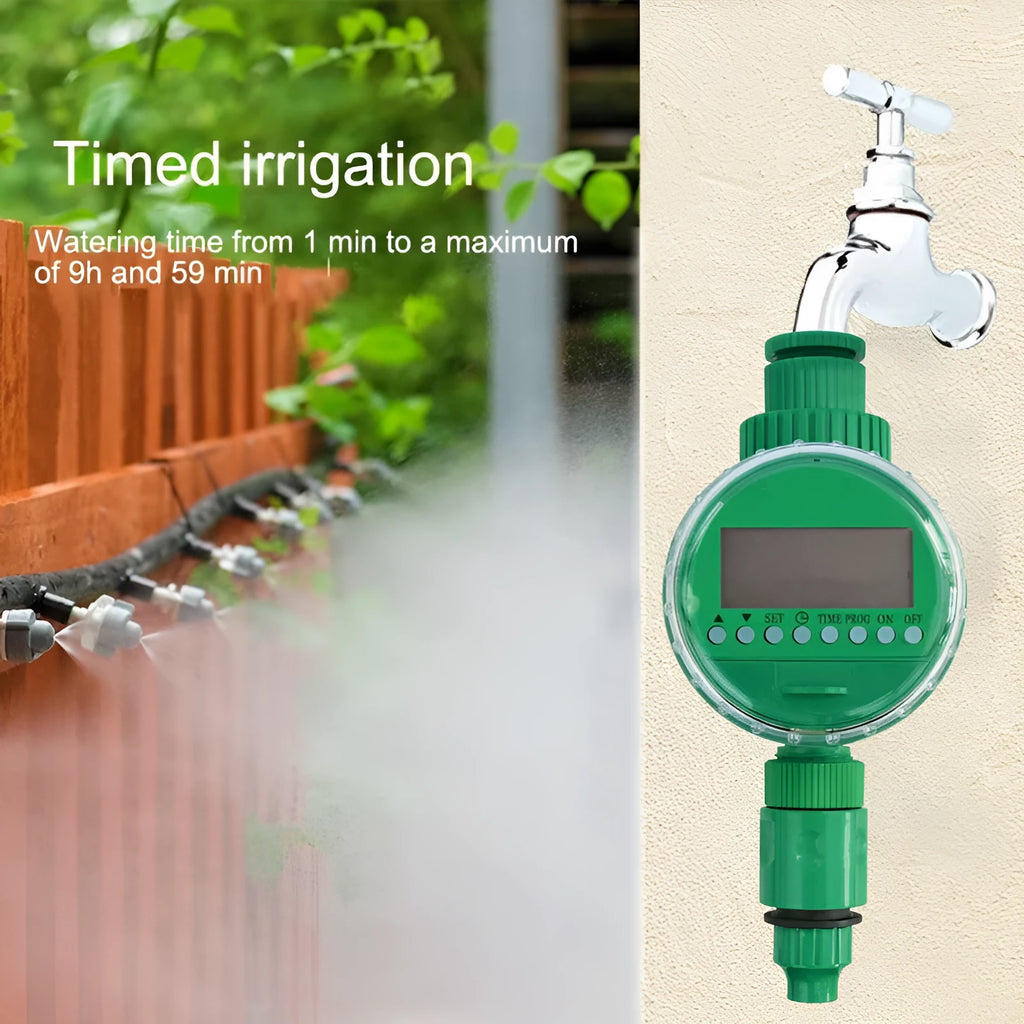 Green plastic automatic watering timer with digital display for garden hose connection.