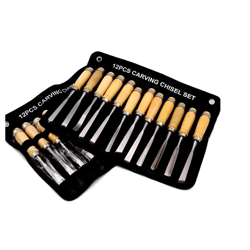 12-piece high carbon steel wood carving chisel set on a workbench