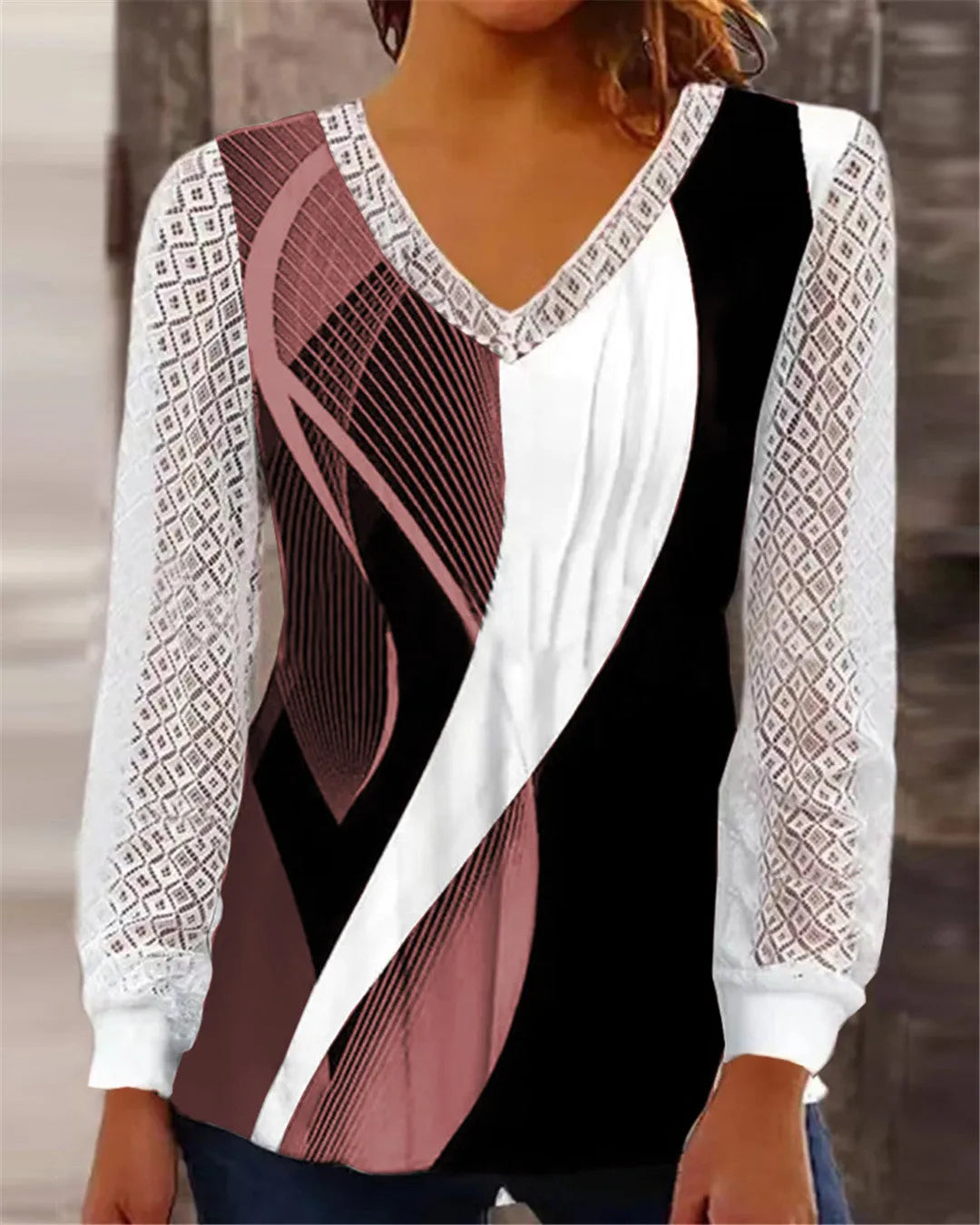 Purple V-neck loose top with hollow-out lace pattern and long sleeves