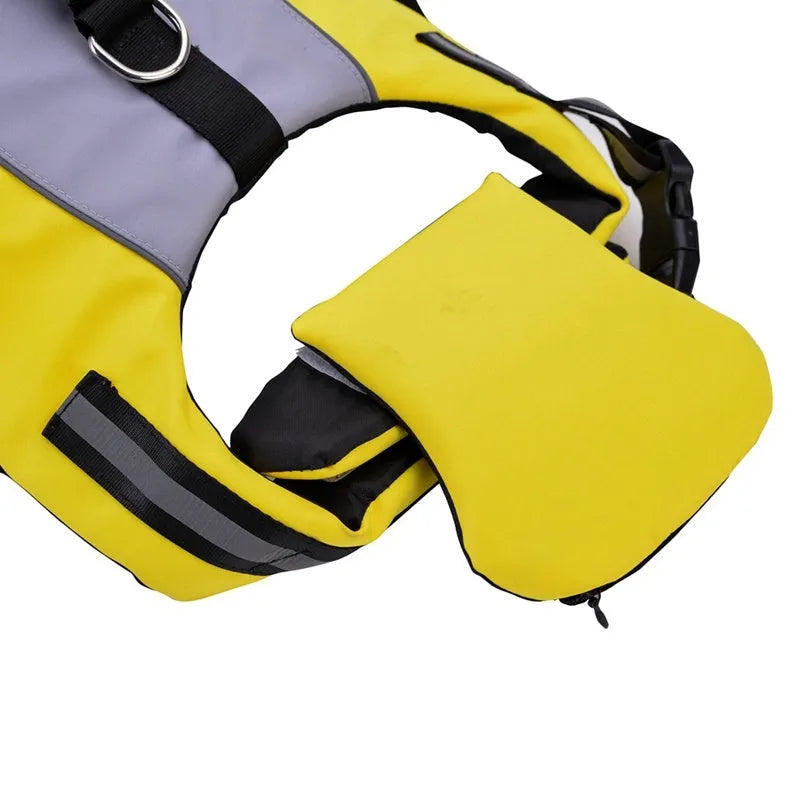 Fluorescent yellow pet reflective airbag nylon life jacket with reflective strips on a dog near water