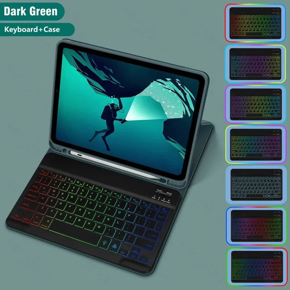 iPad in a colourful TPU leather case with a built-in RGB backlit Bluetooth keyboard and a flip-out stand.