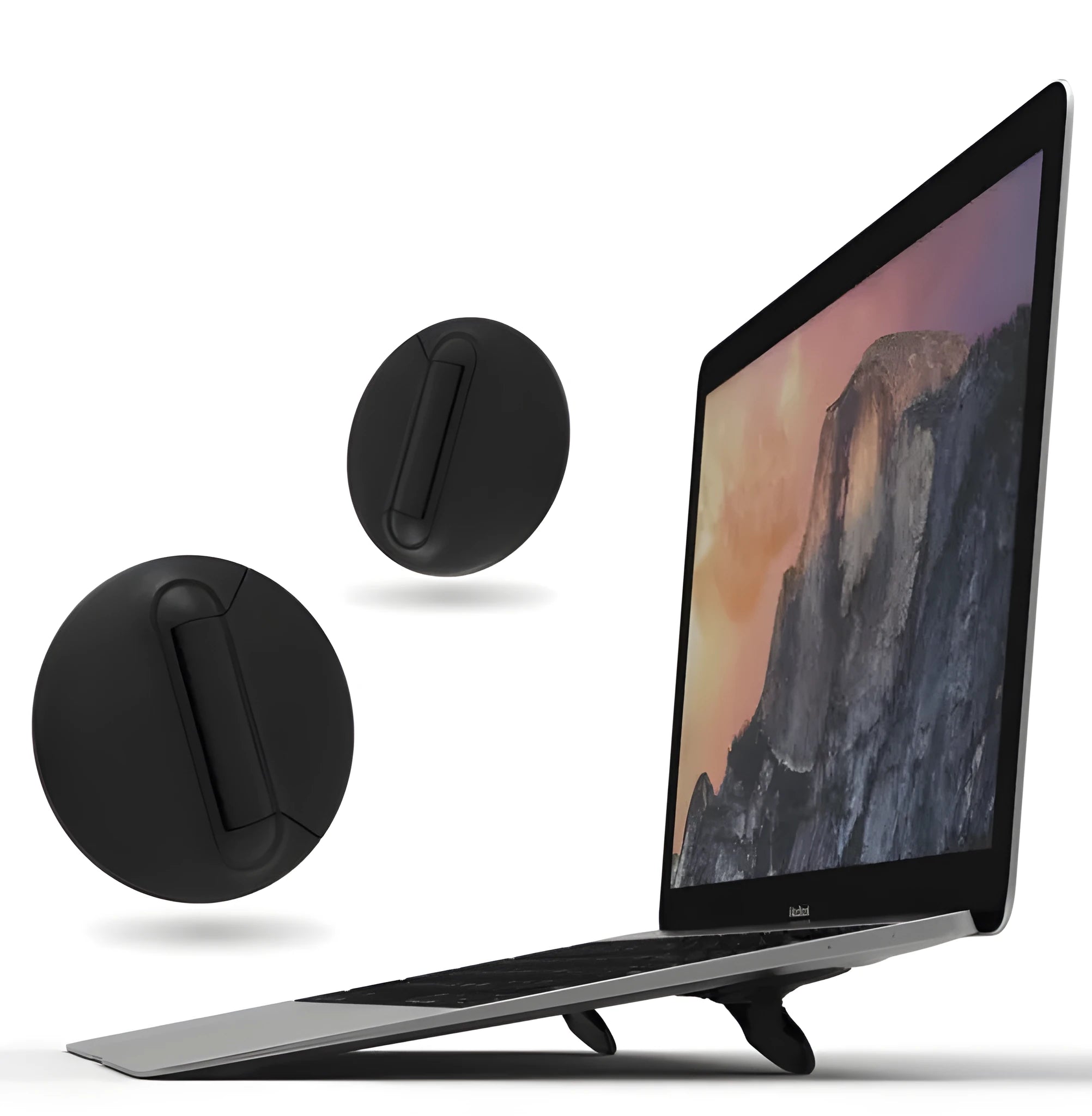 Two black adjustable mini laptop stands on a desk with a laptop, showing 50x50x6.5mm size