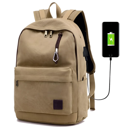 Canvas backpack with external USB charging port showing coffee colour option with multiple compartments.