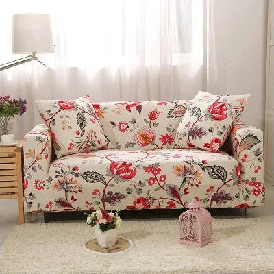 Geometric patterned stretch sofa slipcover fitted on a three-seater sofa